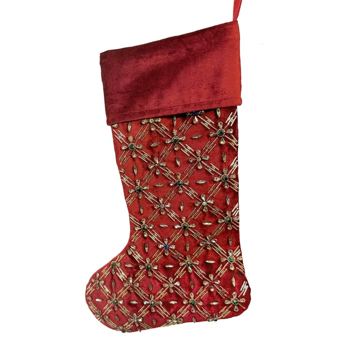 VELVET SOCK RED WITH MULT COLOR BEAD DECO 50CM