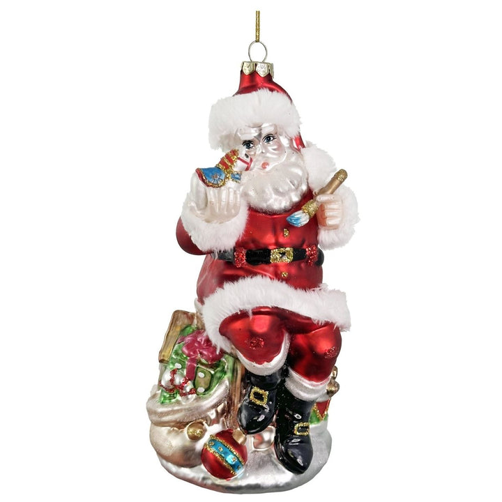 GLASS SANTA HOLDING HORSE ORNAMENT 17CM