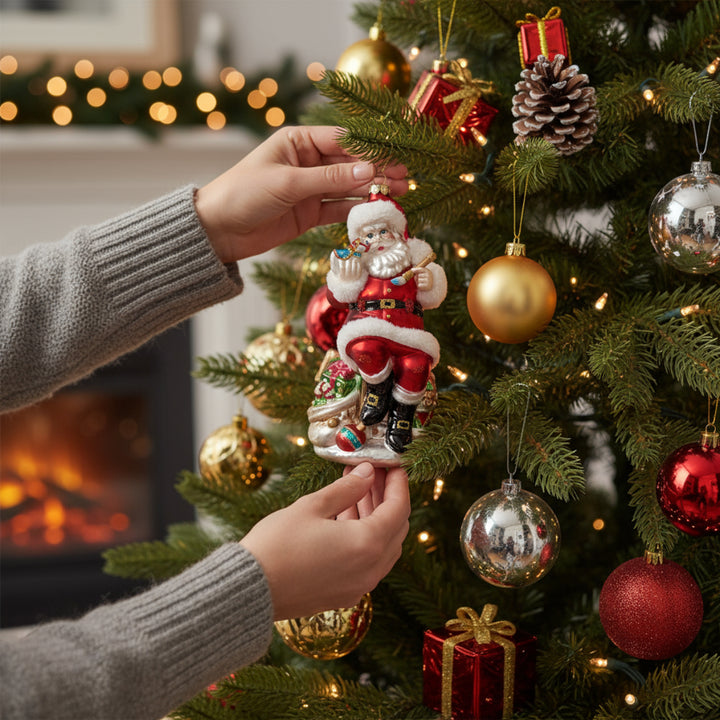 GLASS SANTA HOLDING HORSE ORNAMENT 17CM