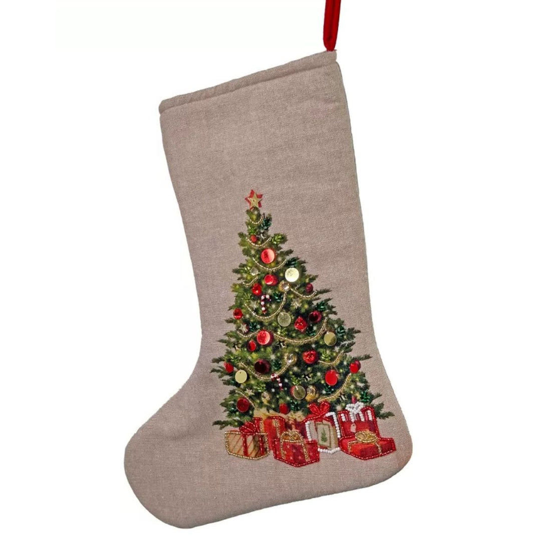 COTTON STOCKING WITH BEADED TREE 38CM