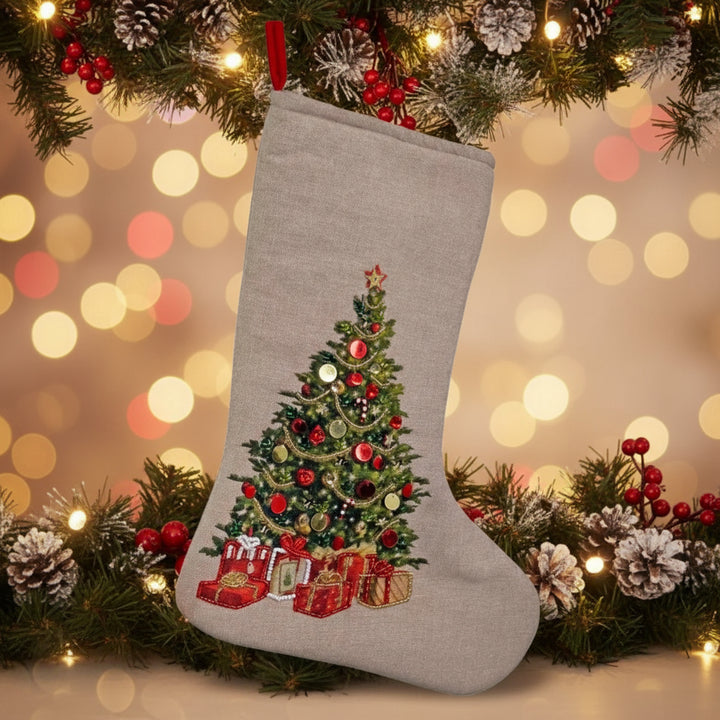 COTTON STOCKING WITH BEADED TREE 38CM
