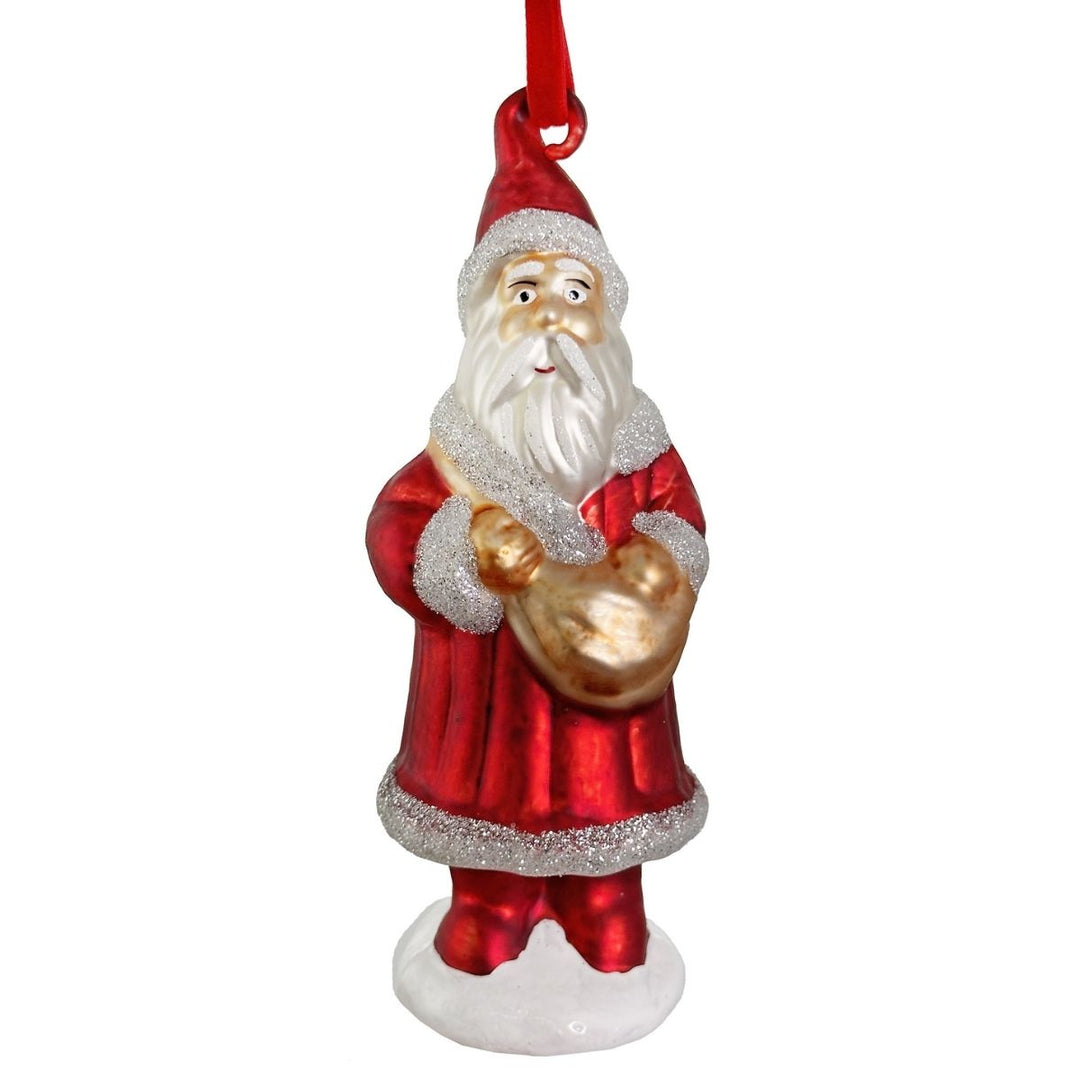 GLASS SANTA ORNAMENT RED MAT W/WHITE GLITTER 16CM