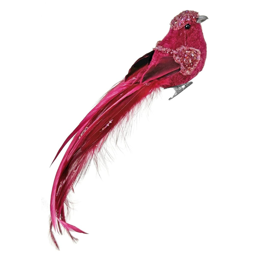 VELVET FEATHER BIRD BURGUNDY 22CM
