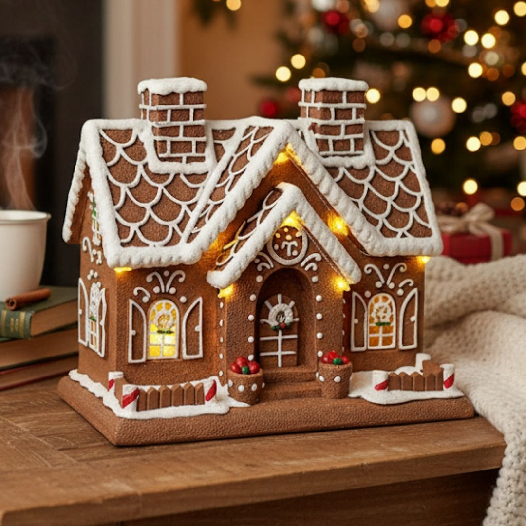 "GINGERBREAD HOUSE WITH LED 17X11X16CM; OPERATED BY 3*AA BATTERIES EXCLUDED"