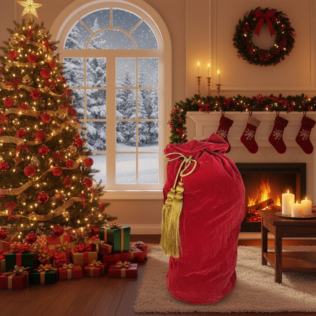 SANTA BAG WITH GOLD TASSELS RED 100CM