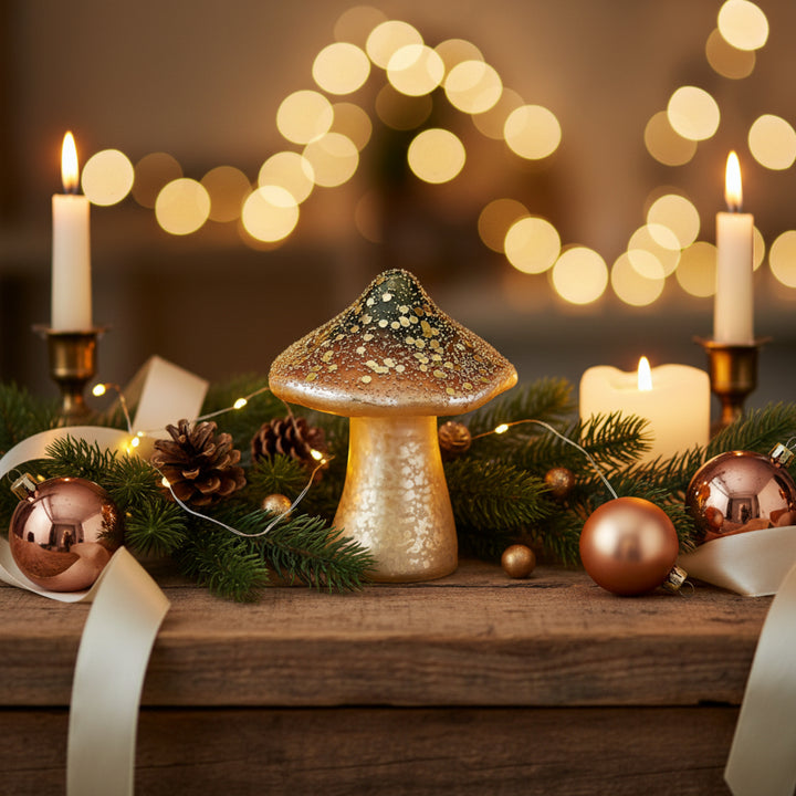 GLASS MUSHROOM STANDING BROWN GOLD MAT 10,5CM