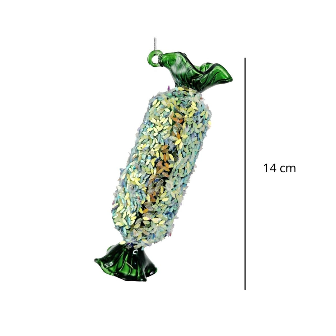 GLASS CANDY LINED SHINY GREEN W/GLITTER MIX2 14CM