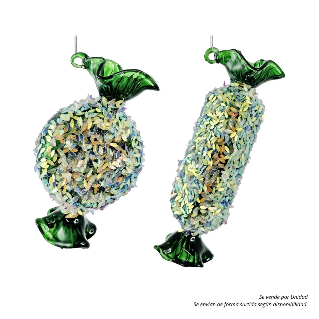 GLASS CANDY LINED SHINY GREEN W/GLITTER MIX2 14CM