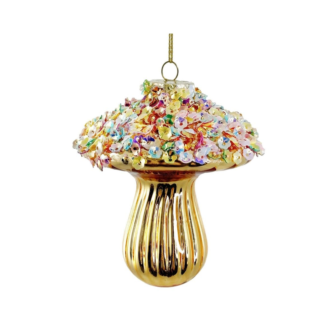 GLASS MUSHROOM LINED SHINY GOLD W/MULTICOLORED SEQUINS TOP 8CM