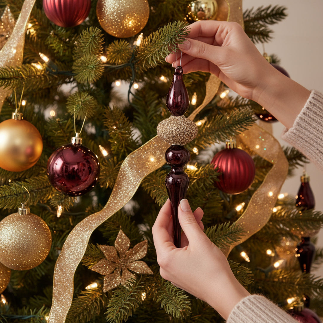 GLASS DROP LINED SHINY RED W/CHAMPAGNE GLASS GLITTER MIX2 20CM