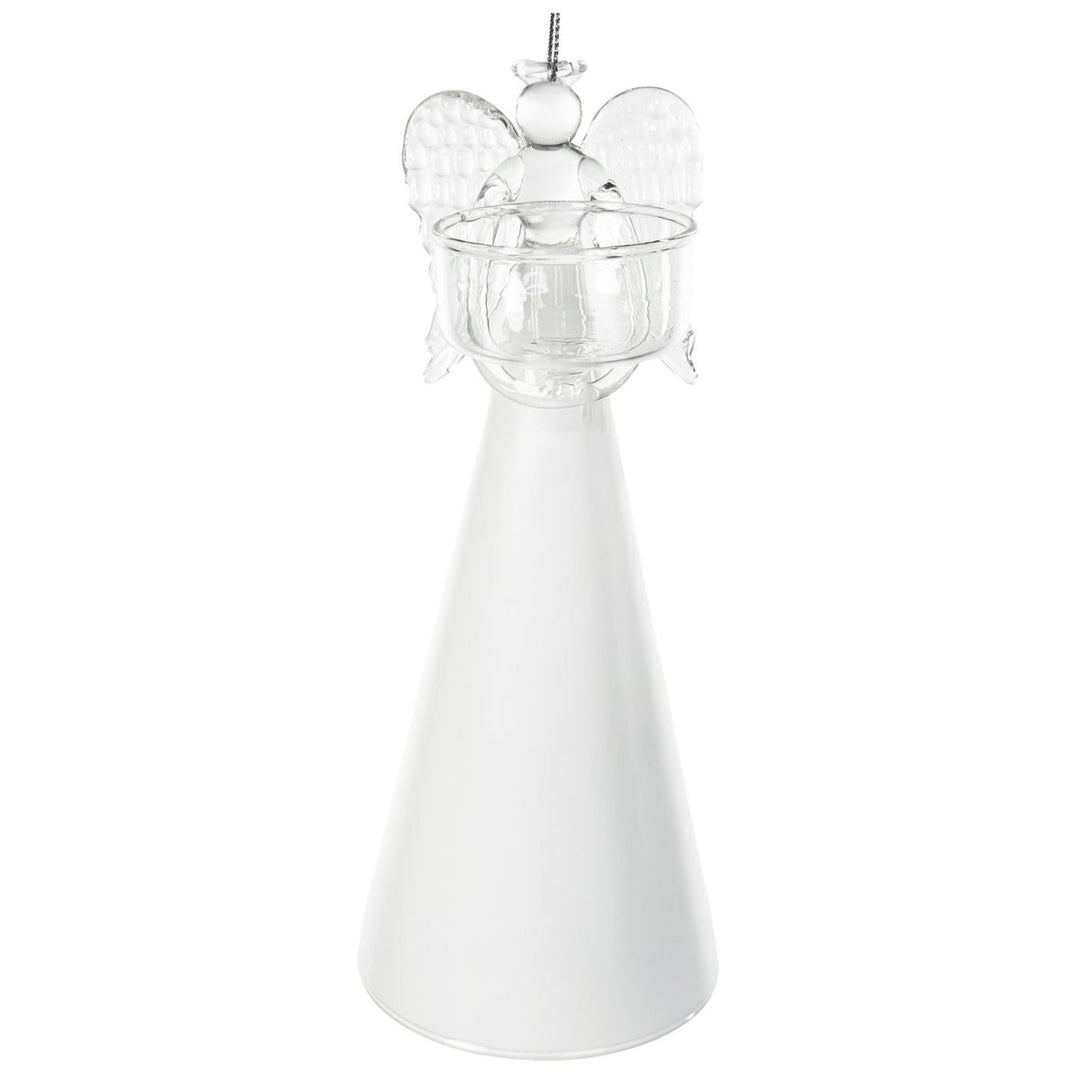 GLASS ANGEL HOLDING T-LIGHT WHITE SKIRT 20CM