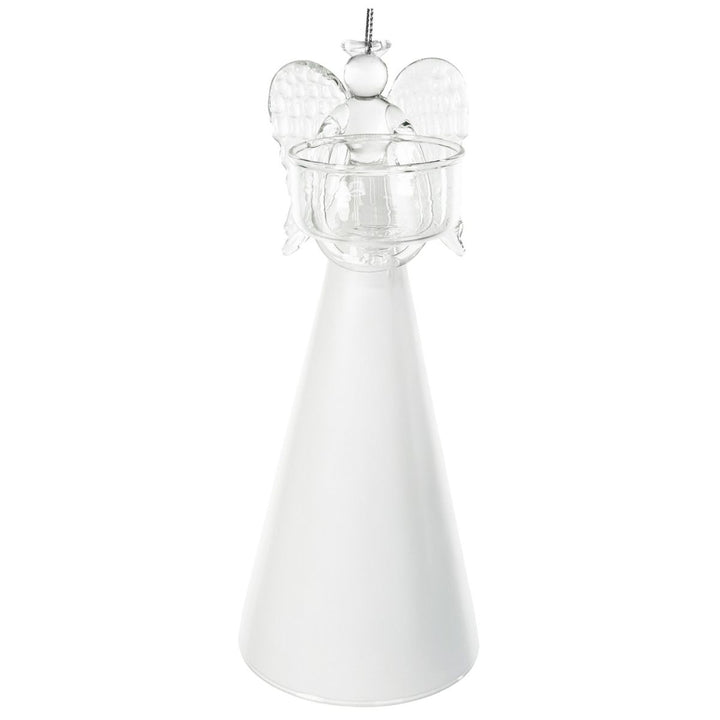 GLASS ANGEL HOLDING T-LIGHT WHITE SKIRT 20CM