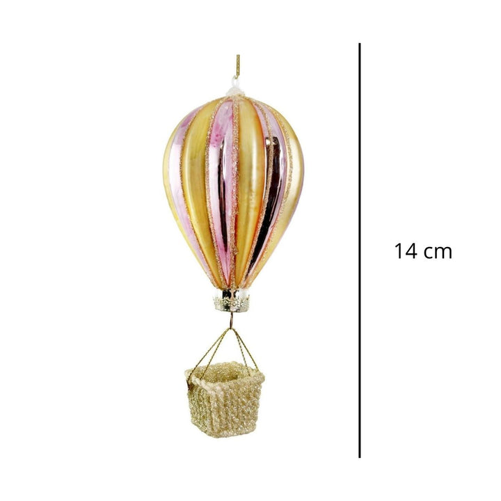 GLASS HOT AIR BALLOON PINK-GOLD SHINY W/GOLD GLITTER 14CM