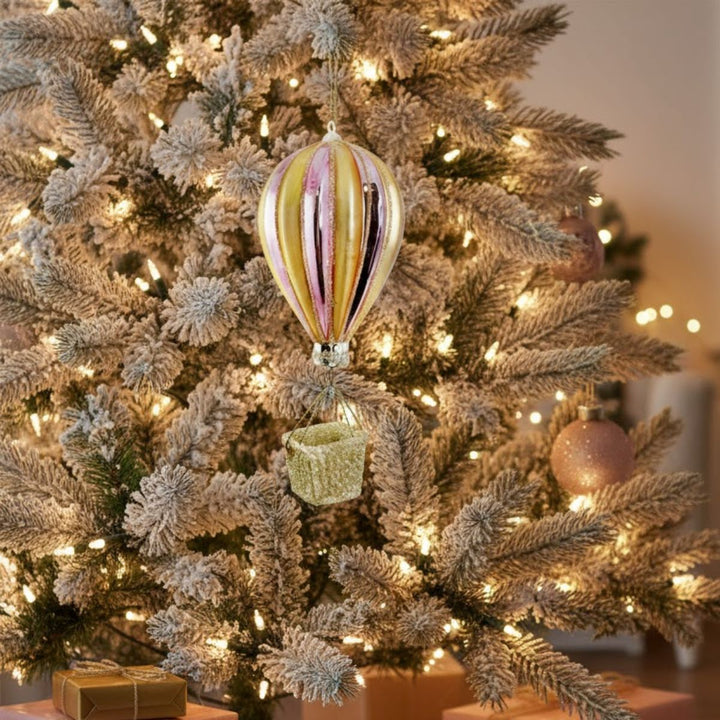 GLASS HOT AIR BALLOON PINK-GOLD SHINY W/GOLD GLITTER 14CM