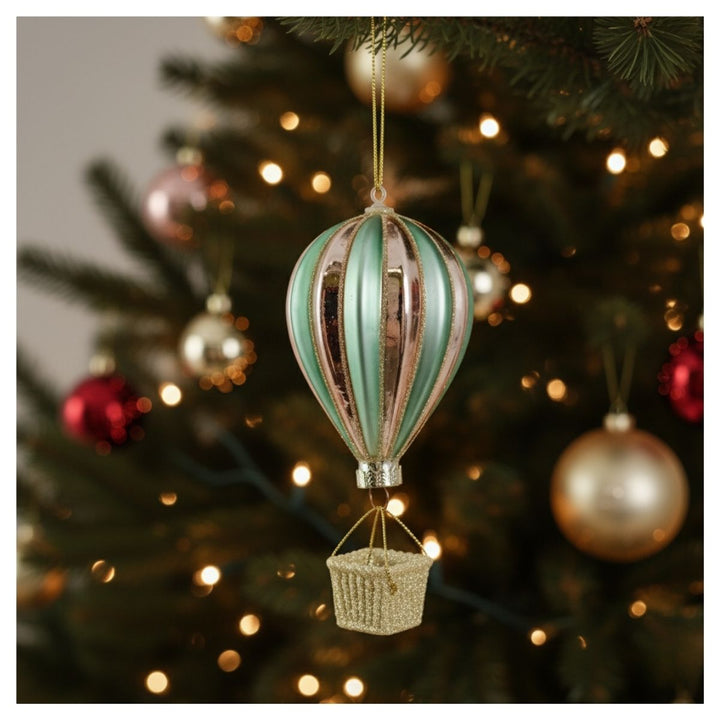 GLASS HOT AIR BALLOON SILVER-GREEN SHINY W/GOLD GLITTER 14CM