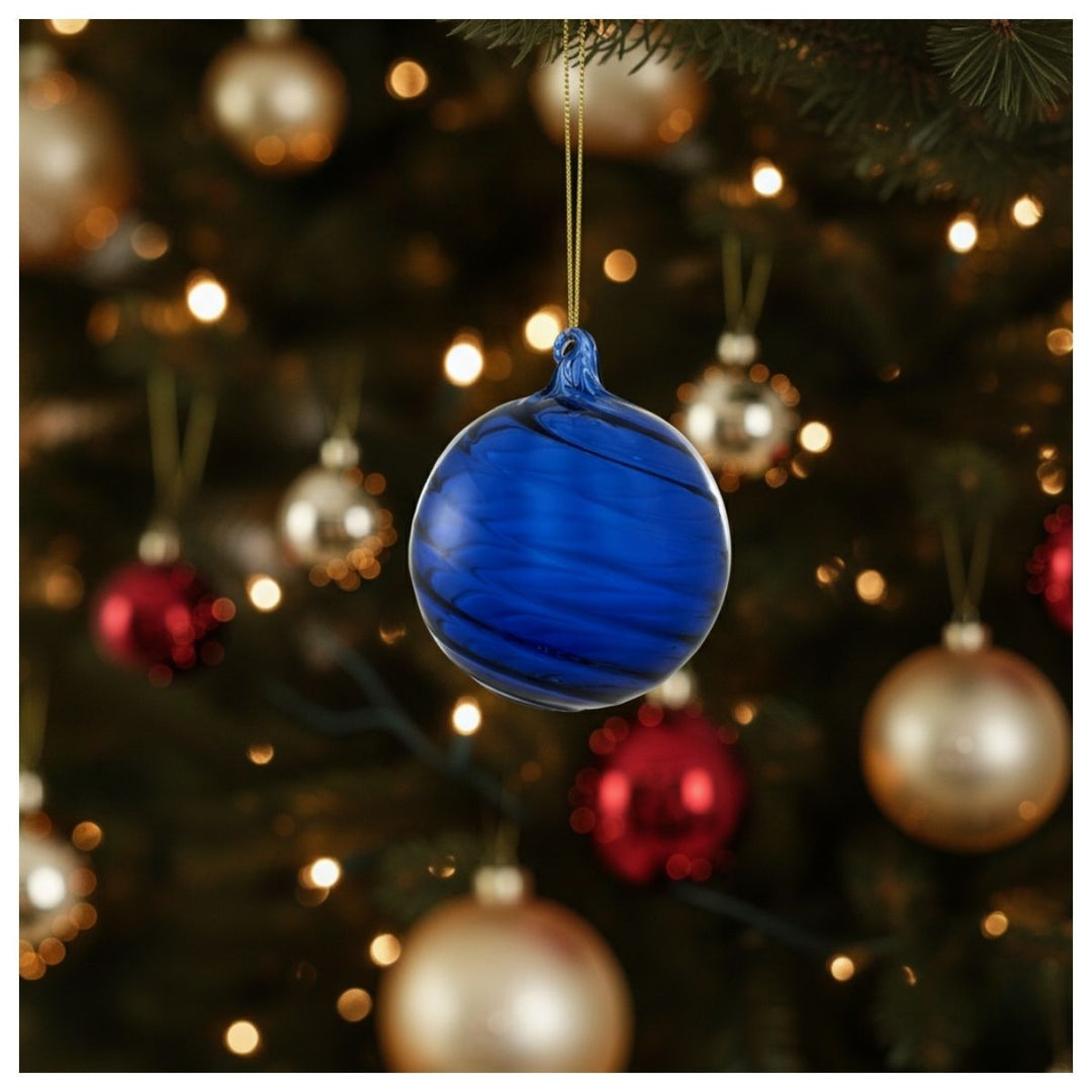 GLASS BALL LINED BLUE 12CM