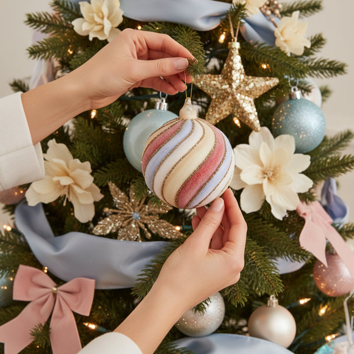 GLASS BALL DIAGONAL LINED MULTICOLOR BEADED 10CM