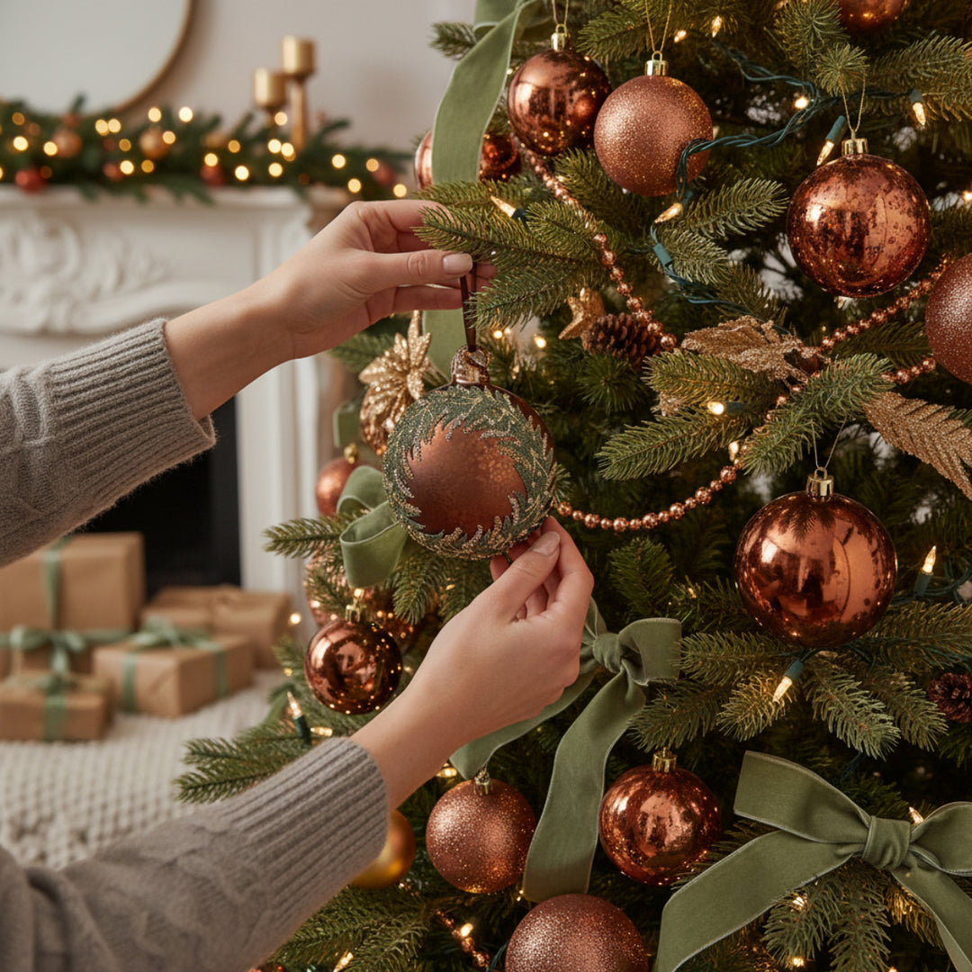 GLASS BALL ANTIQUE MAT BROWN WITH BEAD WREATH DECO 8CM