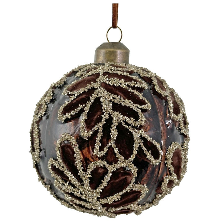 GLASS BALL LEAVES BROWN TRANSPARENT VELVET AND SILVER GLITTER 8CM - SHISHI - Compralo en CorinneRegalos.com