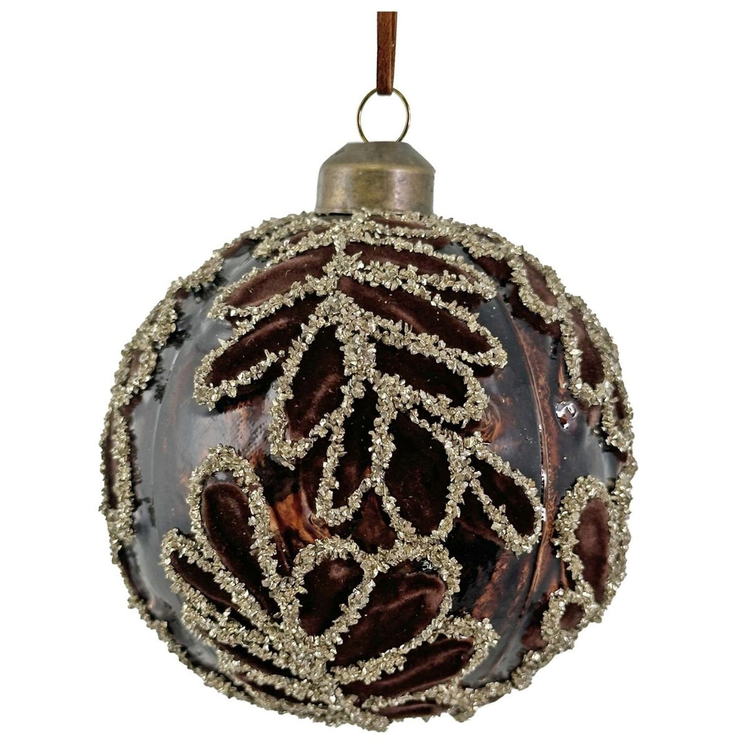 GLASS BALL LEAVES BROWN TRANSPARENT VELVET AND SILVER GLITTER 8CM