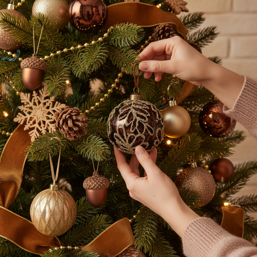 GLASS BALL LEAVES BROWN TRANSPARENT VELVET AND SILVER GLITTER 8CM