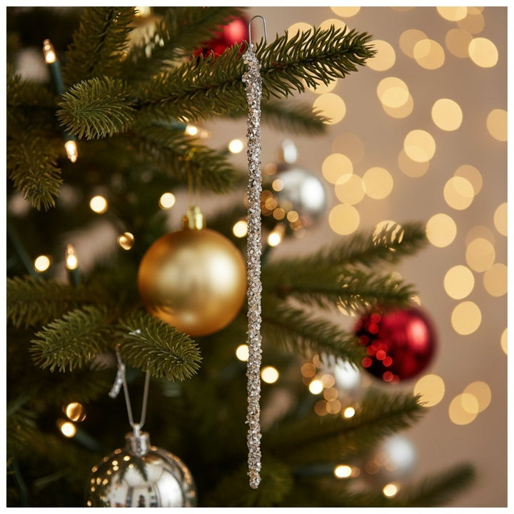 GLASS GLITTER ICICLE BAG12 SILVER 25CM