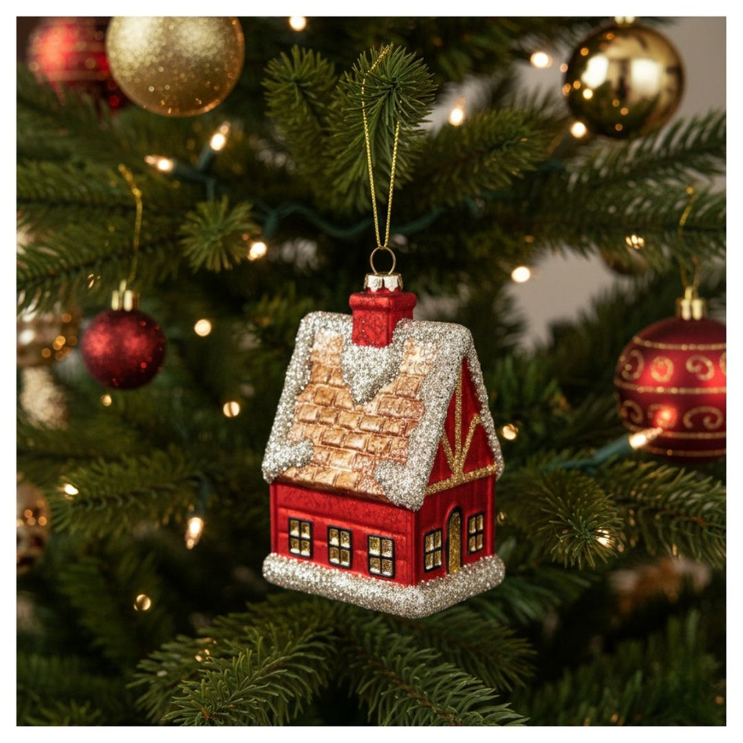 GLASS GINGERBREAD HOUSE MAT BROWN RED 12CM