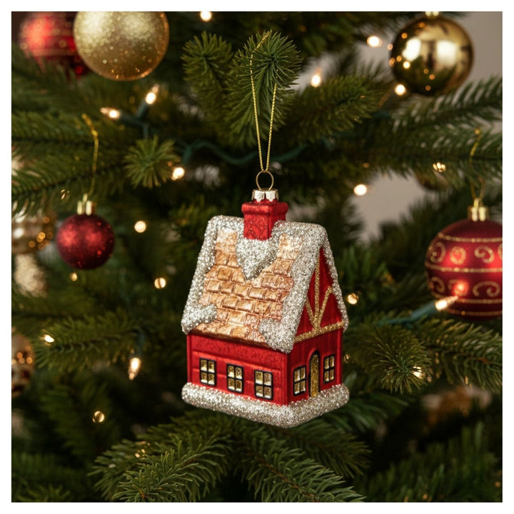 GLASS GINGERBREAD HOUSE MAT BROWN RED 12CM