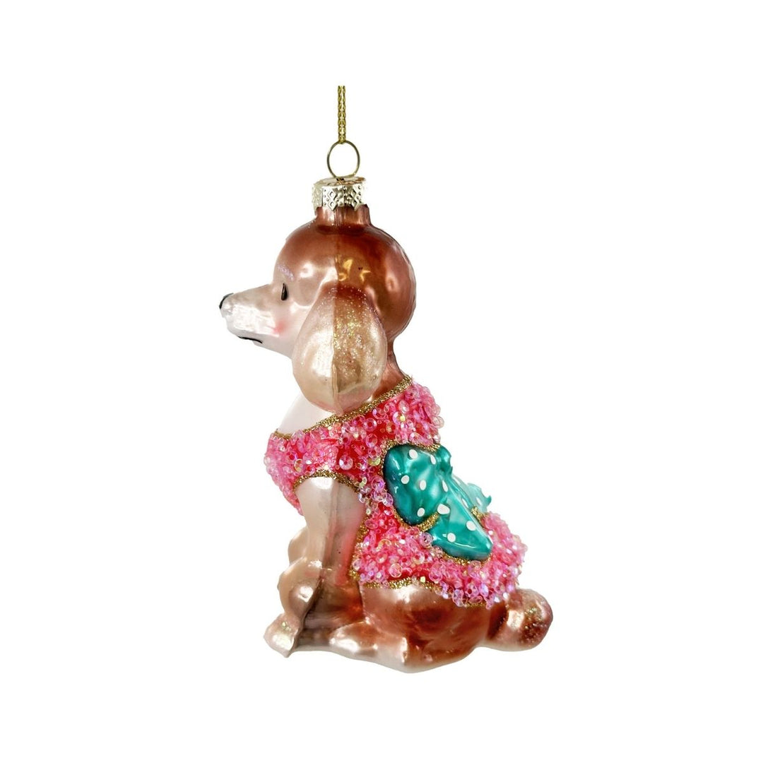 GLASS DOG WITH PINK VEST AND DOTTED BOW 11CM