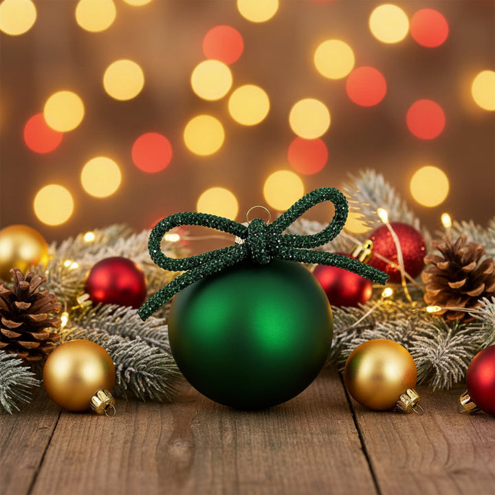 GLASS BALL MAT GREEN WITH BOW 8CM