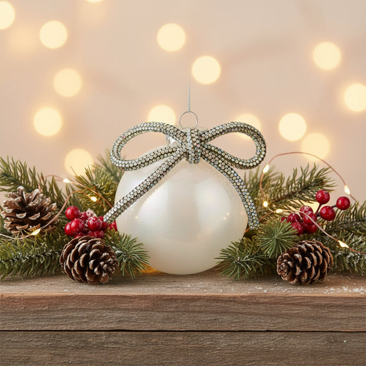 GLASS BALL CLEAR IRIDESCENT WITH BOW 8CM