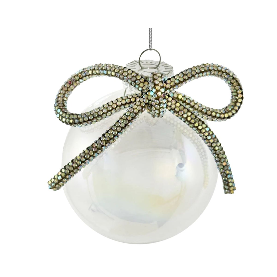 GLASS BALL CLEAR IRIDESCENT WITH BOW 8CM