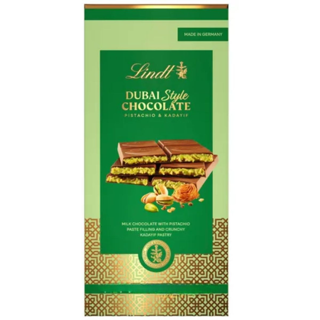 LD 145G DUBAI STYLE - BARRA DE CHOCOLATE CON LECHE RELLENA CON HILOS DE PASTELERÍA DE PISTACHO - Calvbrunnen - Compralo en CorinneRegalos.com
