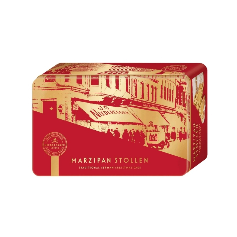 NR MARZIPAN STOLLEN IN TIN - PASTEL NAVIDEÑO DE FRUTAS CON MAZAPÁN EN LATA - Calvbrunnen - Compralo en CorinneRegalos.com