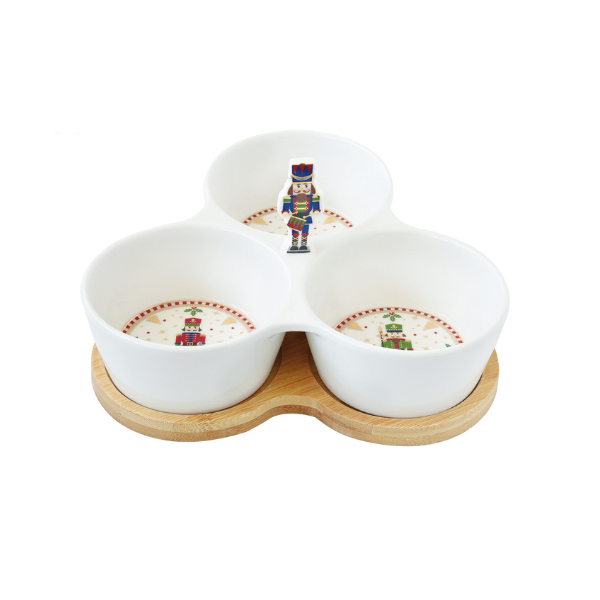 PORC.APPETIZER SET 20.5X17  W 3 BOWLS ON BAMBOO TRAY IN C.B. - POZZI MILANO - Compralo en CorinneRegalos.com