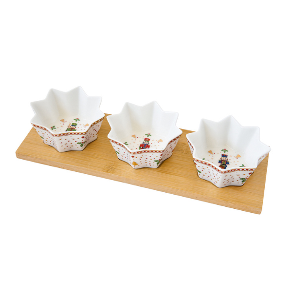 APPETIZER SET 34X12 W 3 PORCELAIN BOWLS ON BAMBOO TRAY IN COLOR - POZZI MILANO - Compralo en CorinneRegalos.com