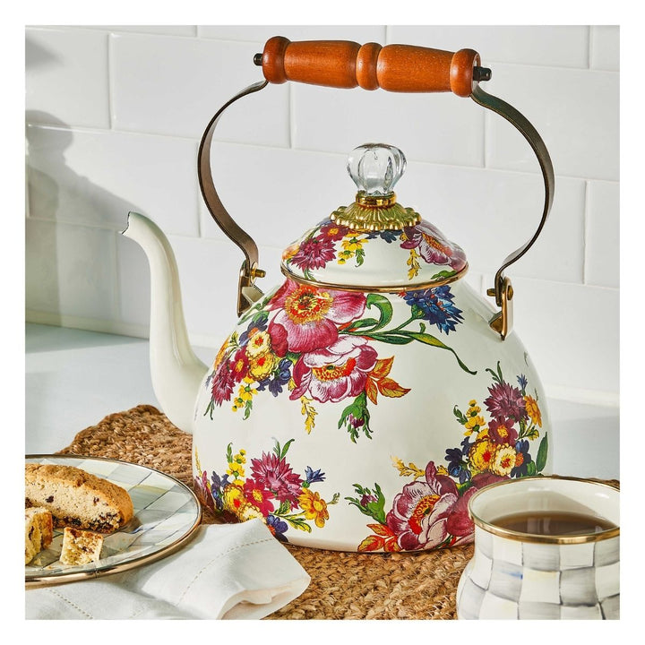 FLOWER MARKET 3 QUART TEA KETTLE - WHITE