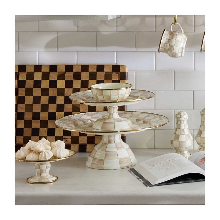 MOCHA CHECK SMALL PEDESTAL PLATTER