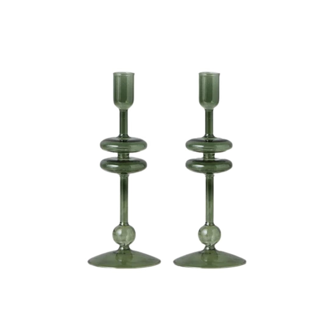 GLASS CANDLESTICK PAIR, SMALL, EMERALD GREEN - ETUHOME - Compralo en CorinneRegalos.com