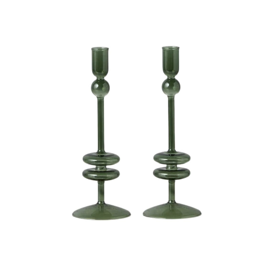 GLASS CANDLESTICK PAIR, MEDIUM, EMERALD GREEN - ETUHOME - Compralo en CorinneRegalos.com