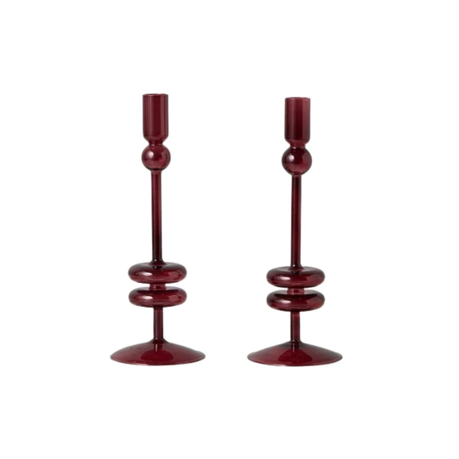 GLASS CANDLESTICK PAIR, MEDIUM, MERLOT - ETUHOME - Compralo en CorinneRegalos.com