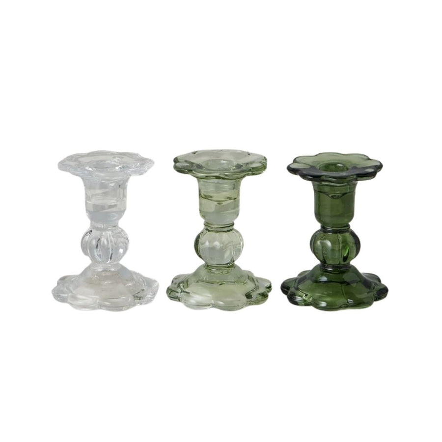 GLASS SCALLOPED CANDLESTICKS, GREEN, SET OF 3 - ETUHOME - Compralo en CorinneRegalos.com