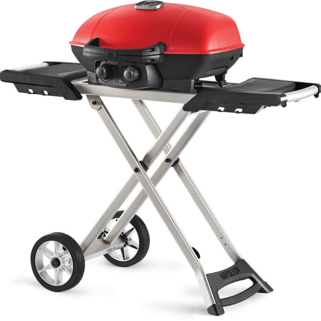 TRAVELQ 285X PORTABLE PROPANE GAS GRILL AND SCISSOR CART WITH GRIDDLE RED
