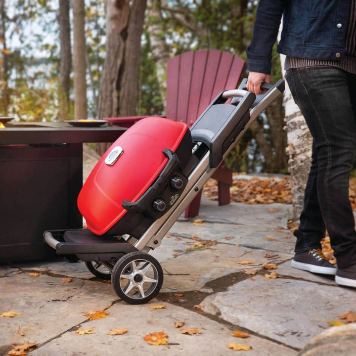 TRAVELQ 285X PORTABLE PROPANE GAS GRILL AND SCISSOR CART WITH GRIDDLE RED