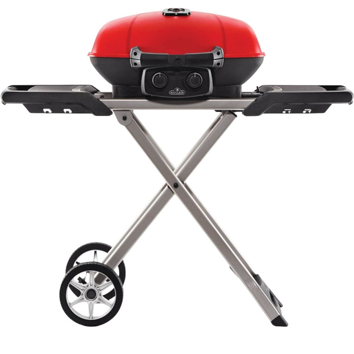 TRAVELQ 285X PORTABLE PROPANE GAS GRILL AND SCISSOR CART WITH GRIDDLE RED