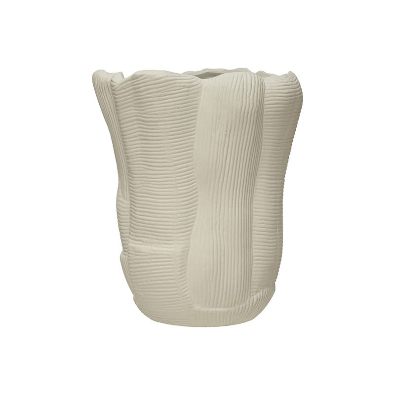 "10""L x 12-1/4""H FlutedStoneware Vase w/ Lines, White" - Disponible en Corinne Regalos