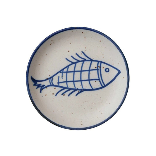 "7"" Round Hand-Painted Stoneware Plate w Fish   " - CREATIVE COOP - Compralo en CorinneRegalos.com