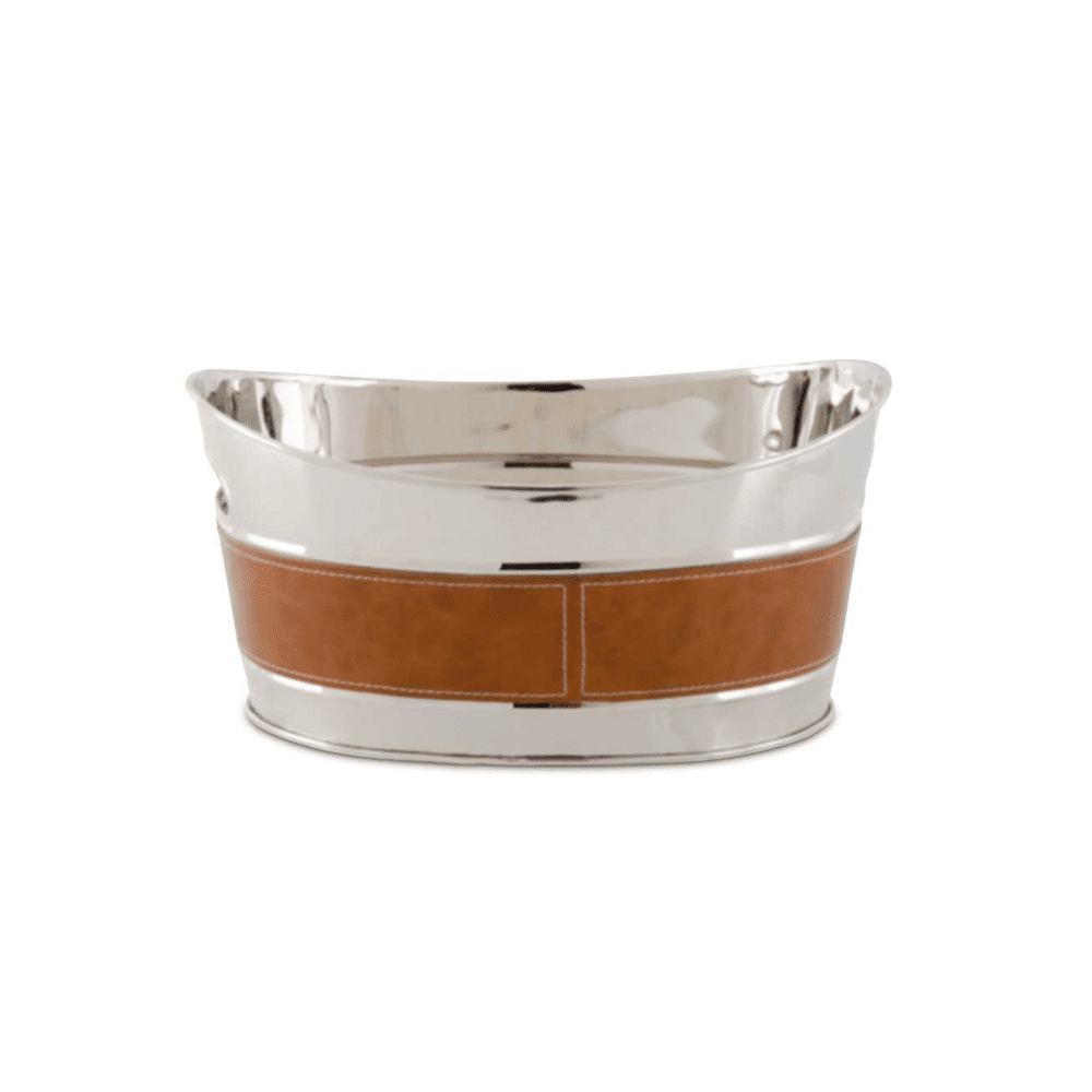 15 Inch Silver w/Brown Leather Oval Ice Bucket - Disponible en Corinne Regalos