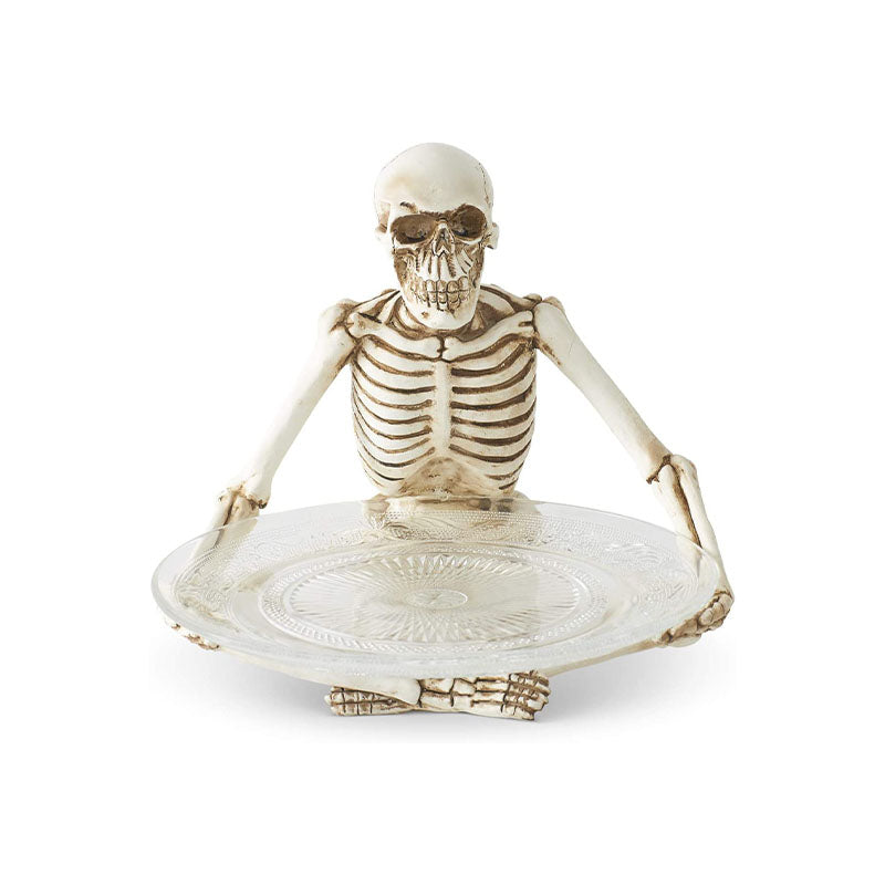 [2/4] | 10 Inch Resin Sitting Skeleton Holding Glass Pla - Disponible en Corinne Regalos