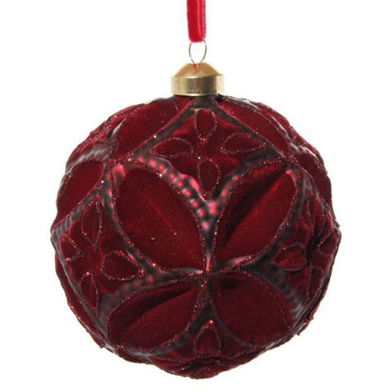 Glass floral ball velvet burgundy red glitter 12cm - SHISHI - Compralo en CorinneRegalos.com